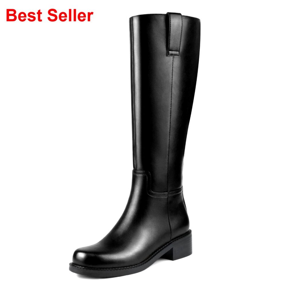 Knee High Boots Women Flat Heel Side Zipper Faux Leather Riding Boots